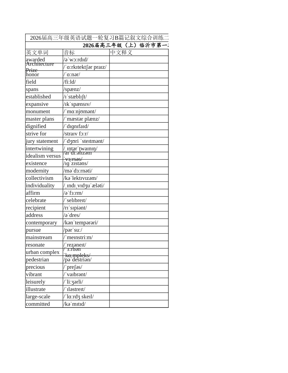 高三年级英语试题一轮复习B篇记叙文综合训练二次学案学生版（一）词汇表（山东省）.xlsx_第1页