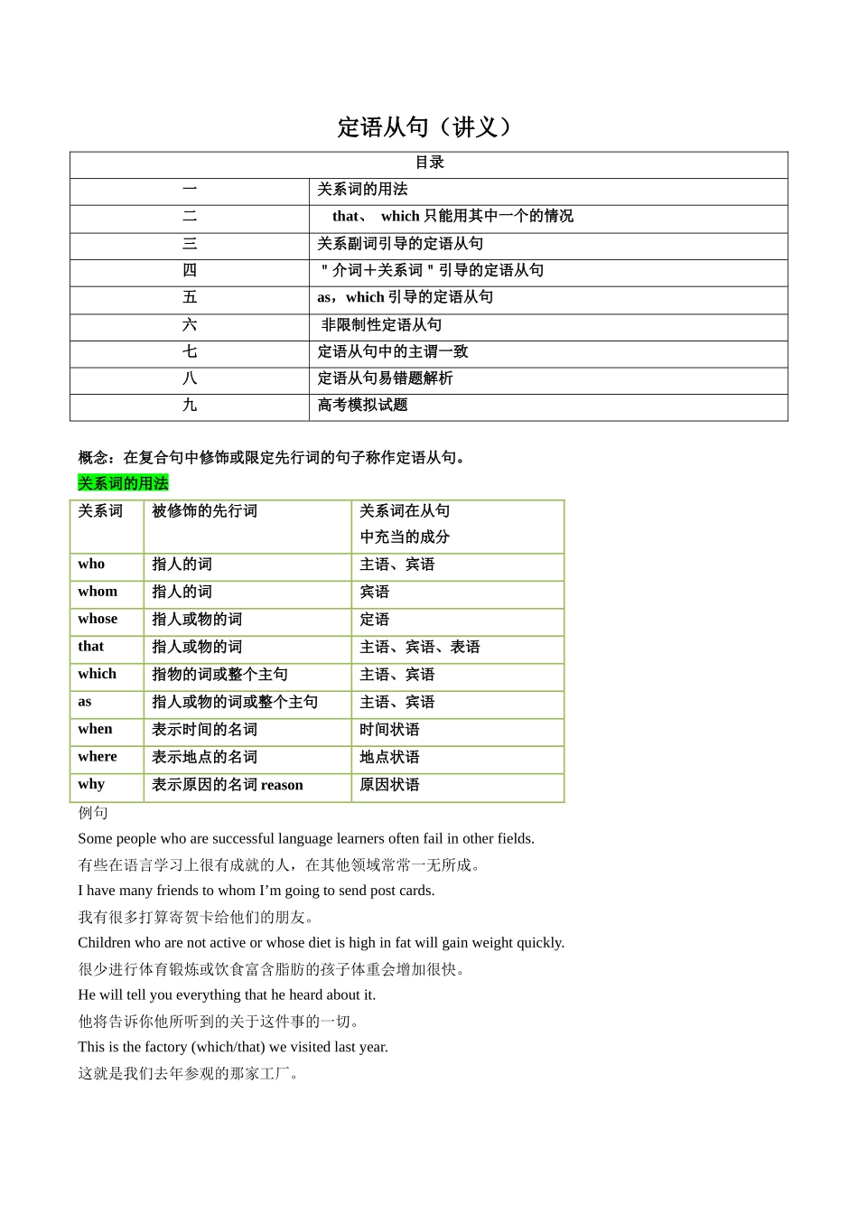 核心语法知识讲义11 定语从句(精讲精练)(学生版).docx_第1页