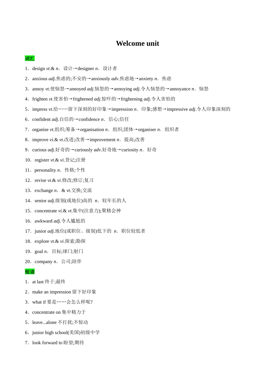 教材知识点梳理17必修一Welcome unit（词汇短语句式）（学生版）.docx_第1页