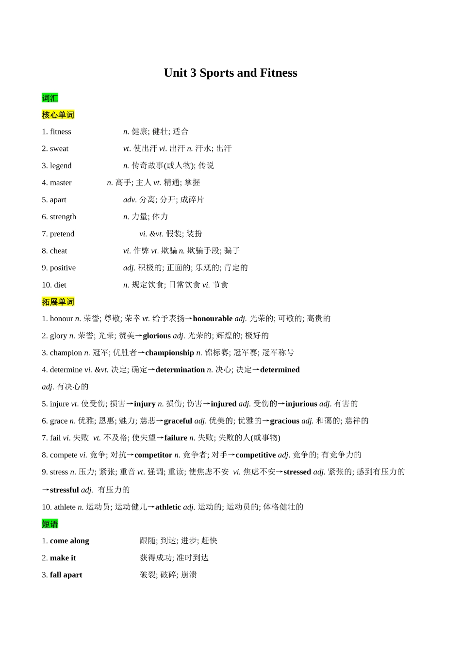 教材知识点梳理20必修一Unit3Sport and Fitness(词汇短语句式)(学生版).docx_第1页