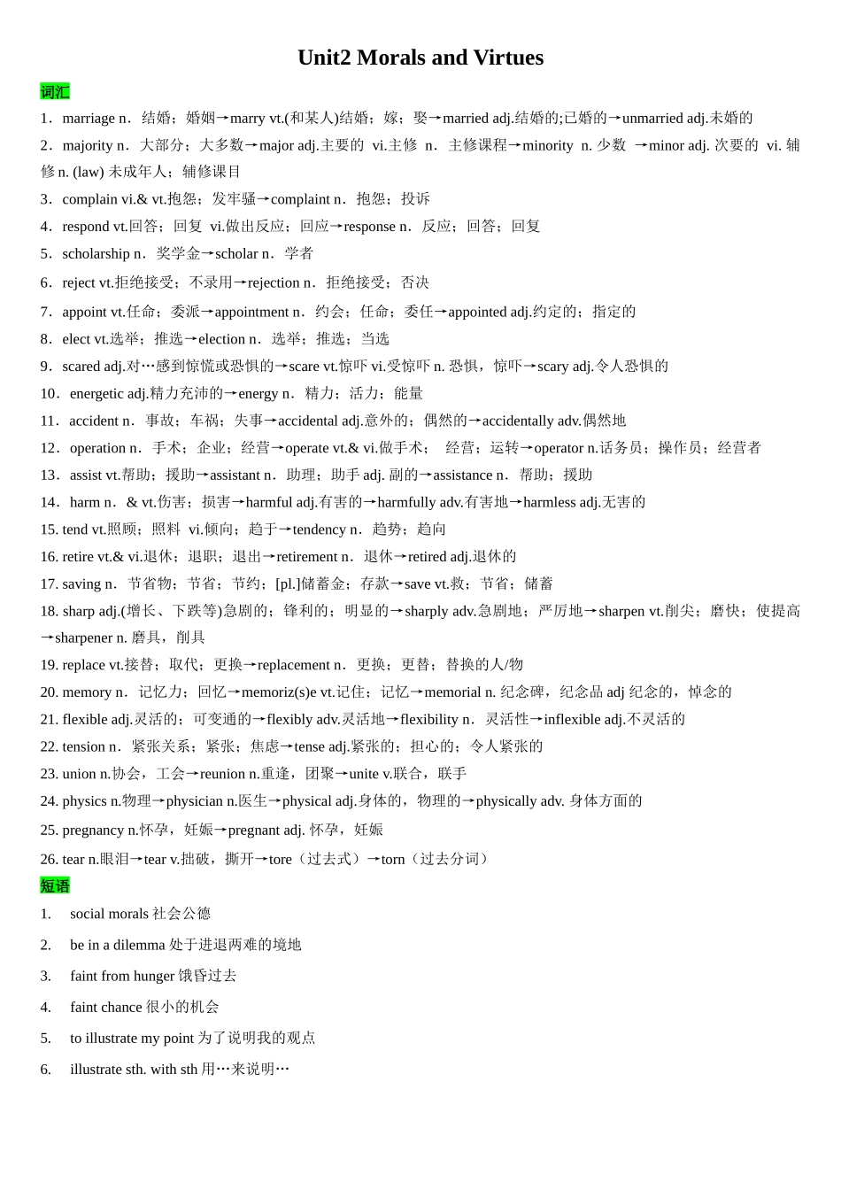 教材知识点梳理29必修三Unit2Morals and Virtues (词汇短语句式)(学生版).docx_第1页