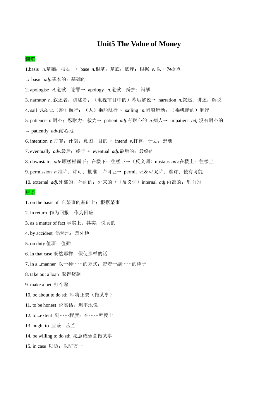 教材知识点梳理32必修三Unit5The Value of Money(词汇短语句式)(学生版).docx_第1页