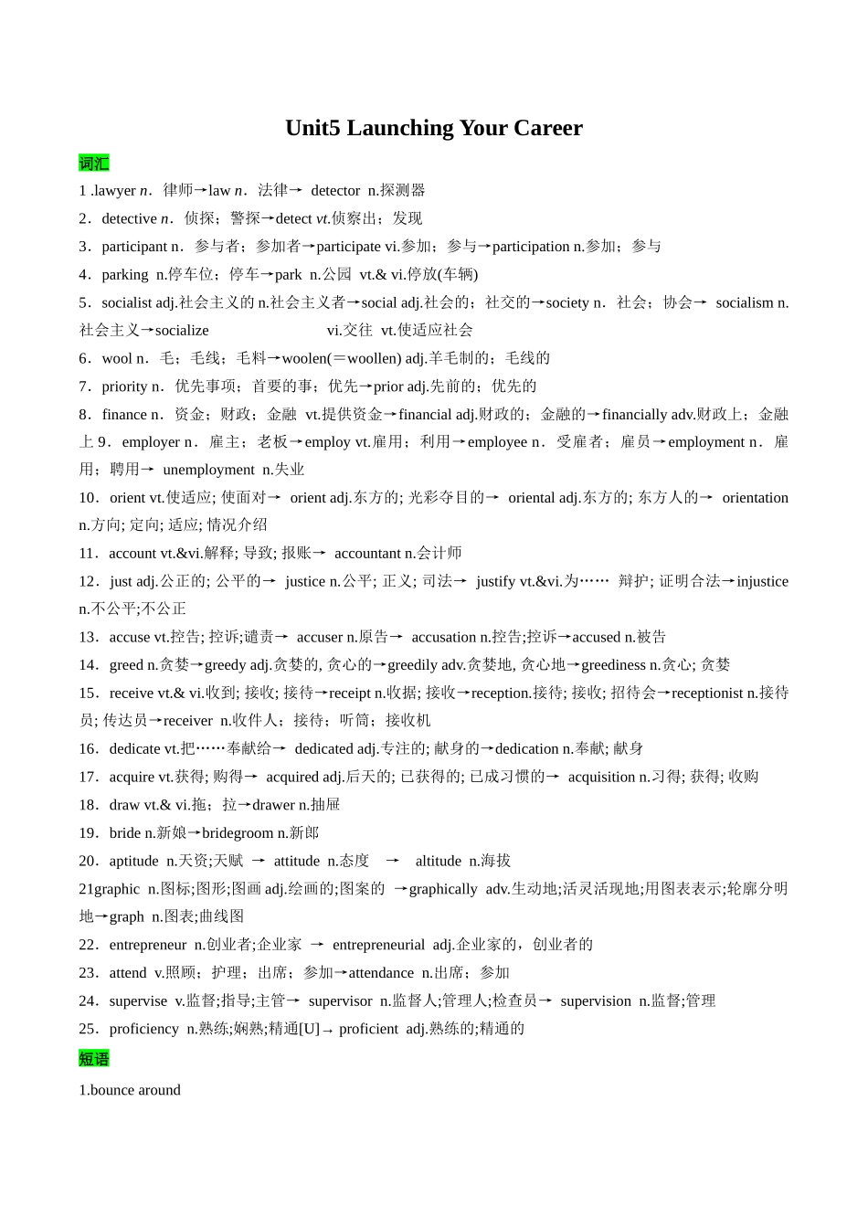 教材知识点梳理52选择性必修第四册Unit5Launching Your Career（词汇短语句式）（学生版）.docx_第1页