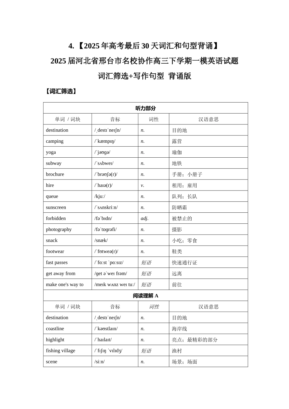 4. (2025年高考最后30天词汇和句型背诵)2025届河北省邢台市名校协作高三下学期一模英语试题 词汇筛选+写作句型 背诵版 .docx_第1页