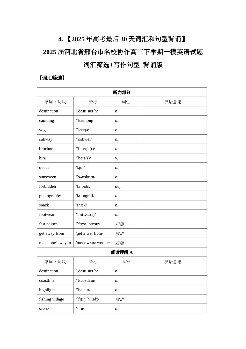 4. （2025年高考最后30天词汇和句型背诵）2025届河北省邢台市名校协作高三下学期一模英语试题 词汇筛选+写作句型 默写版 .docx_第1页