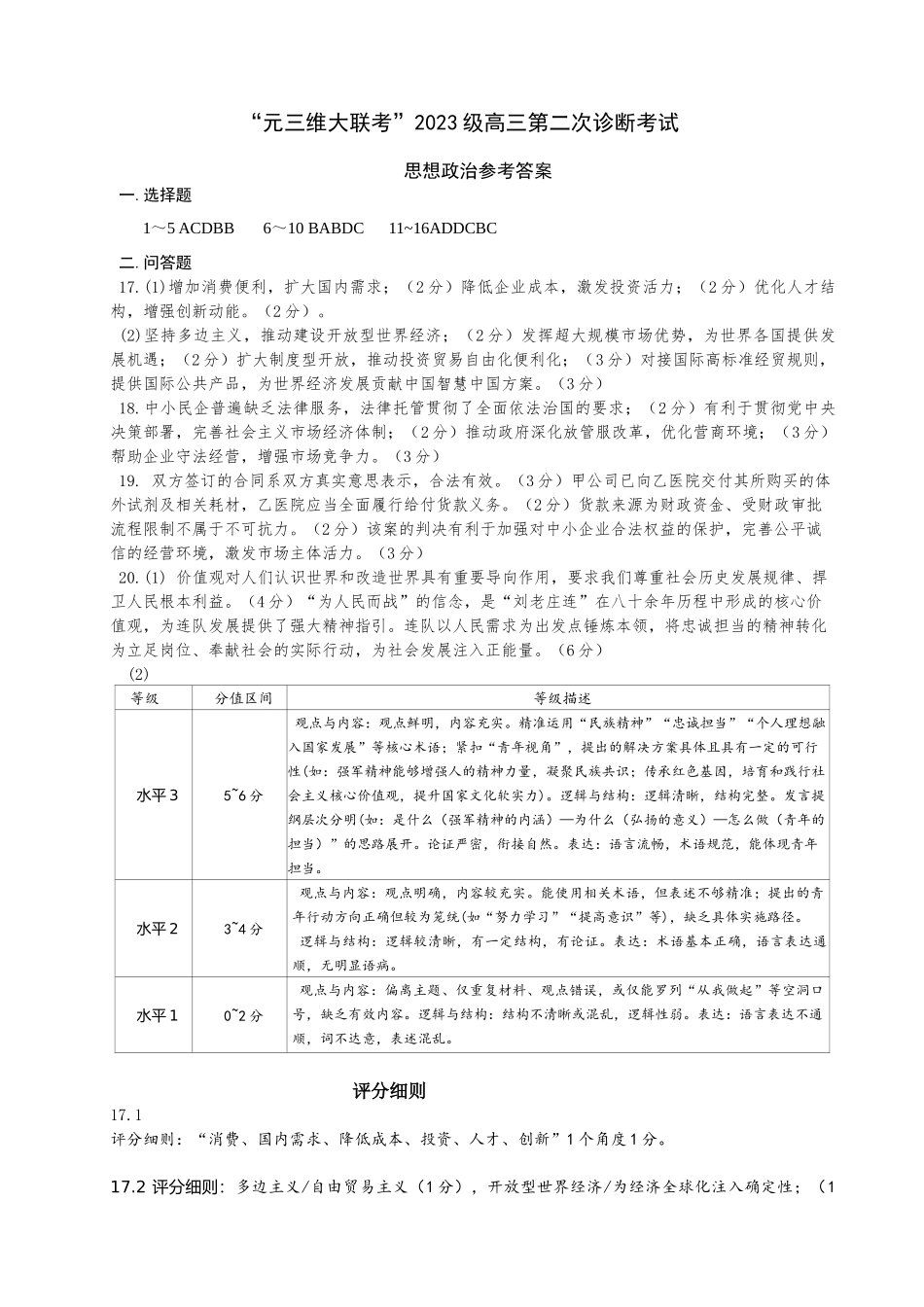 “元三维大联考”2023级高三第二次诊断考试政治答案.docx_第1页