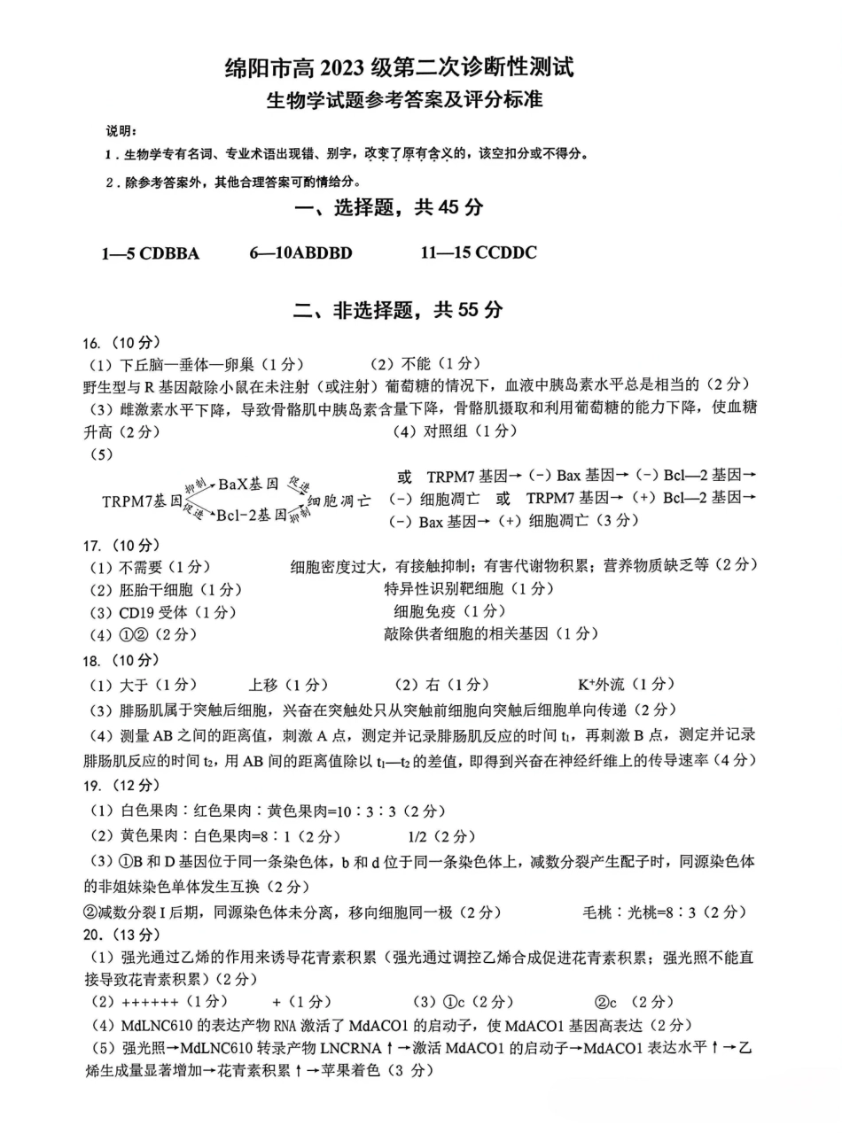 2026绵阳二诊生物A卷答案.pdf_第1页