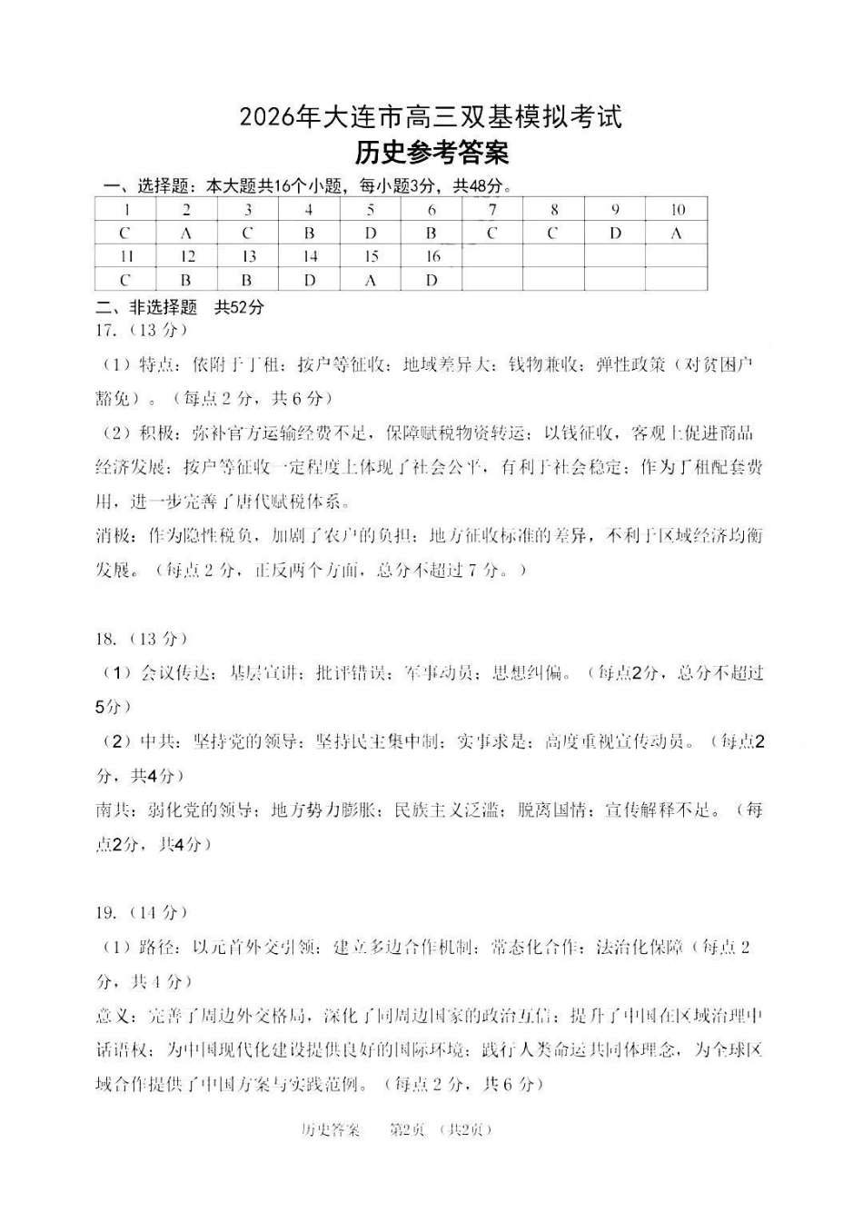 2026年大连市高三双基模拟考试-高中历史答案.pdf_第1页