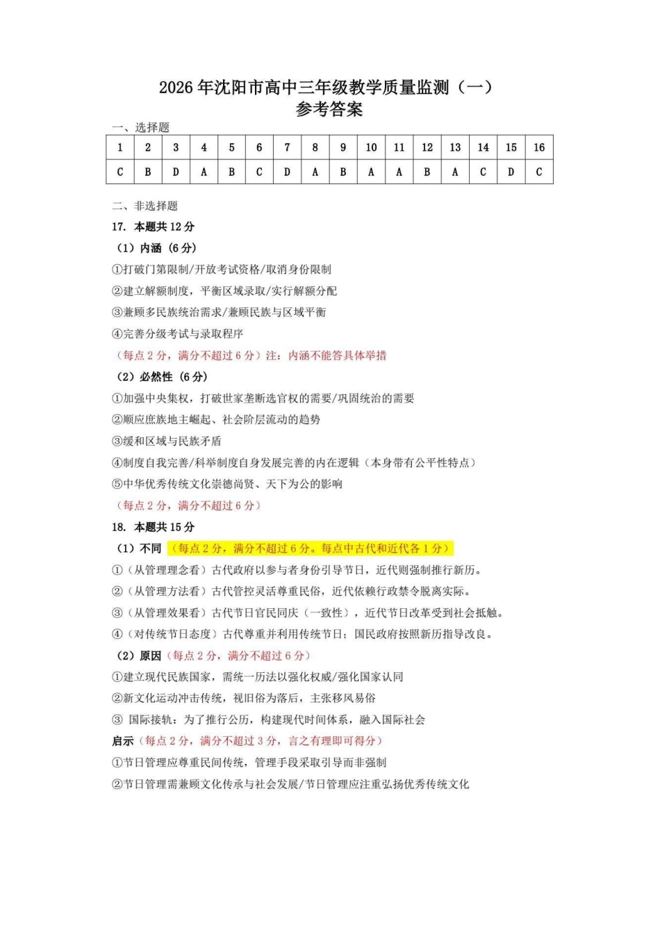 2026年沈阳市高中三年级教学质量监测（一）历史答案.pdf_第1页