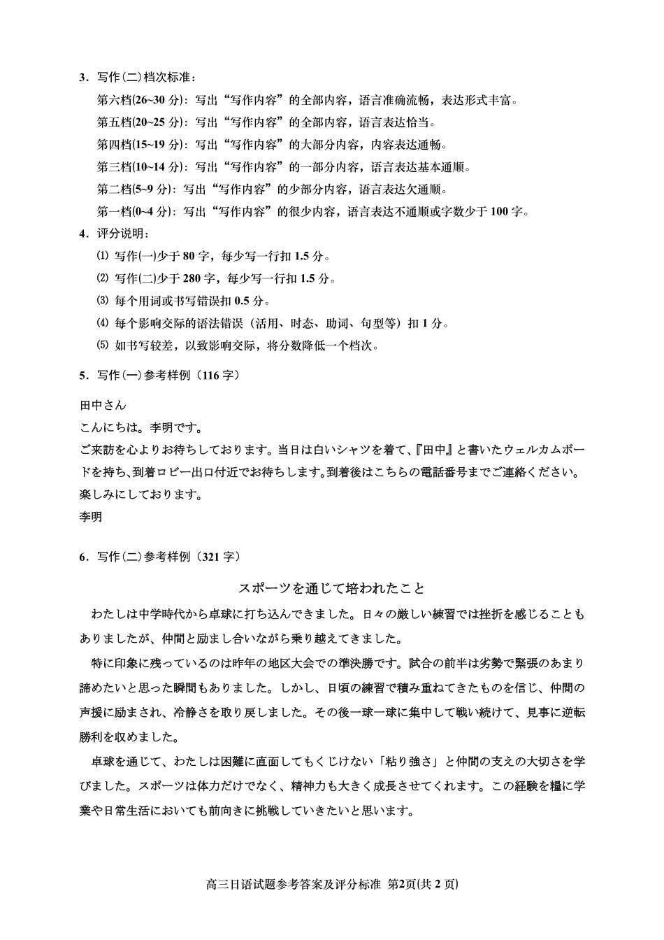 2026年沈阳市高中三年级教学质量监测（一）日语答案.pdf_第2页
