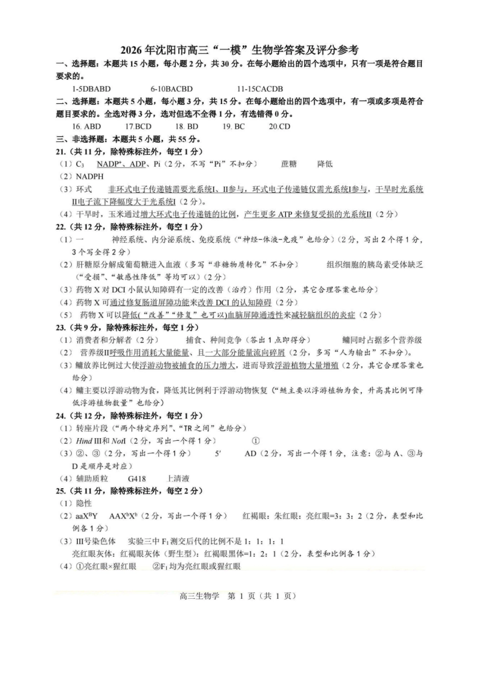 2026年沈阳市高中三年级教学质量监测（一）生物答案.pdf_第1页