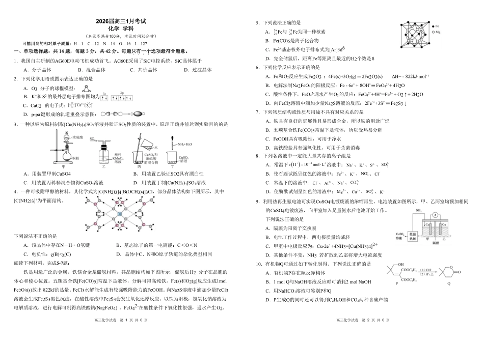 安徽合肥一中2025-2026学年高三上学期1月考试化学.pdf_第1页