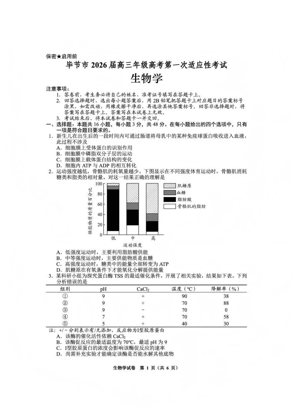毕节市2026届高三年级高考第一次适应性考试生物.pdf_第1页