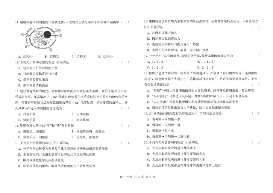 甘肃兰州市八校联考2025-2026学年高一上学期期末考试生物试卷(含答案).pdf_第2页