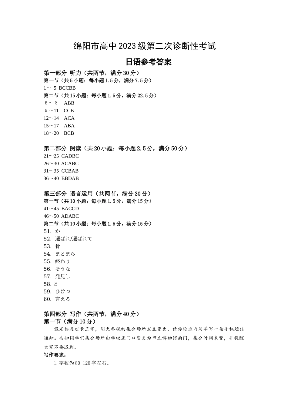 绵阳市高中2023级第二次诊断性考试日语答案.docx_第1页