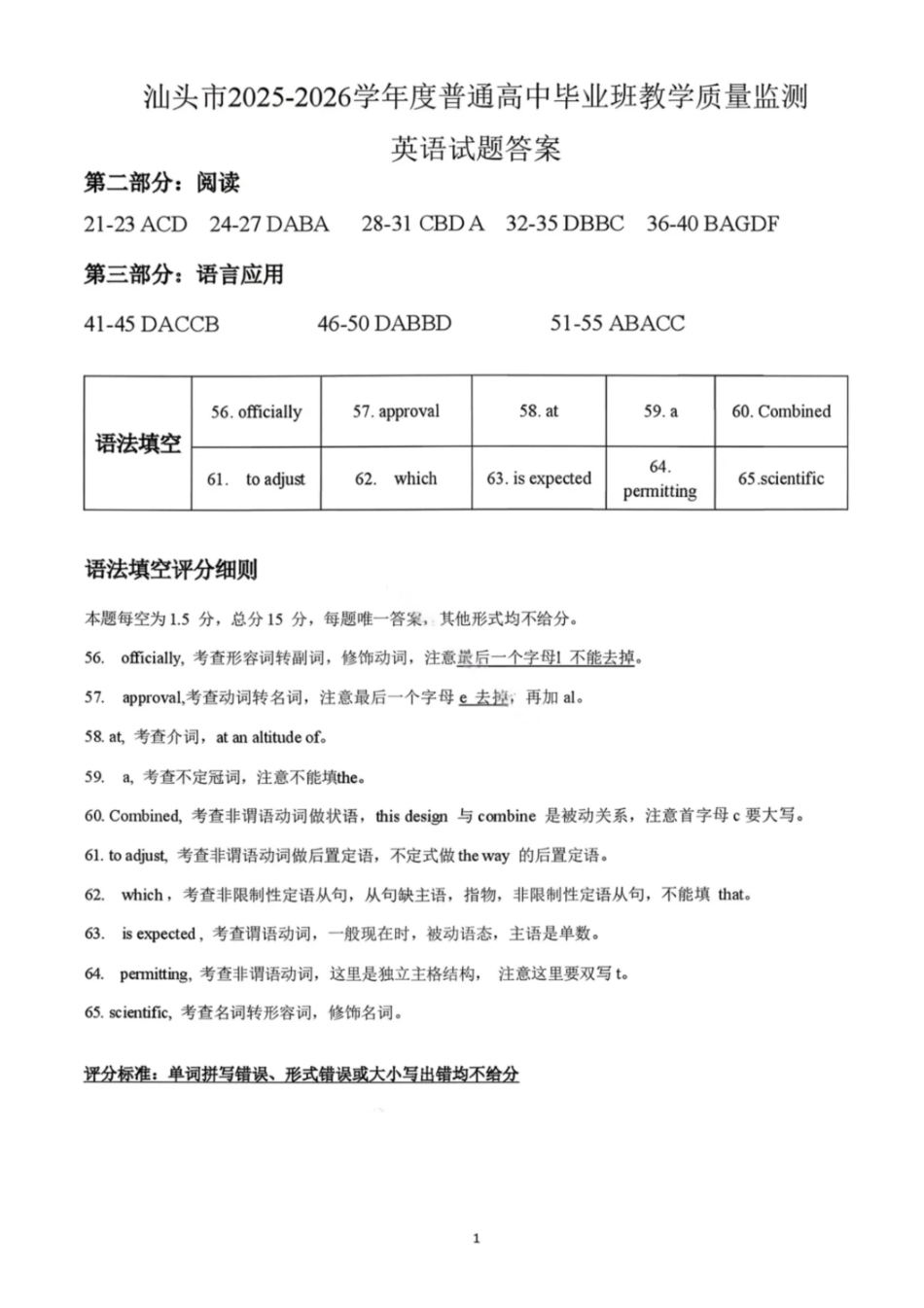 汕头市2025—2026学年度普通高中毕业班教学质量监测英语答案.pdf_第1页