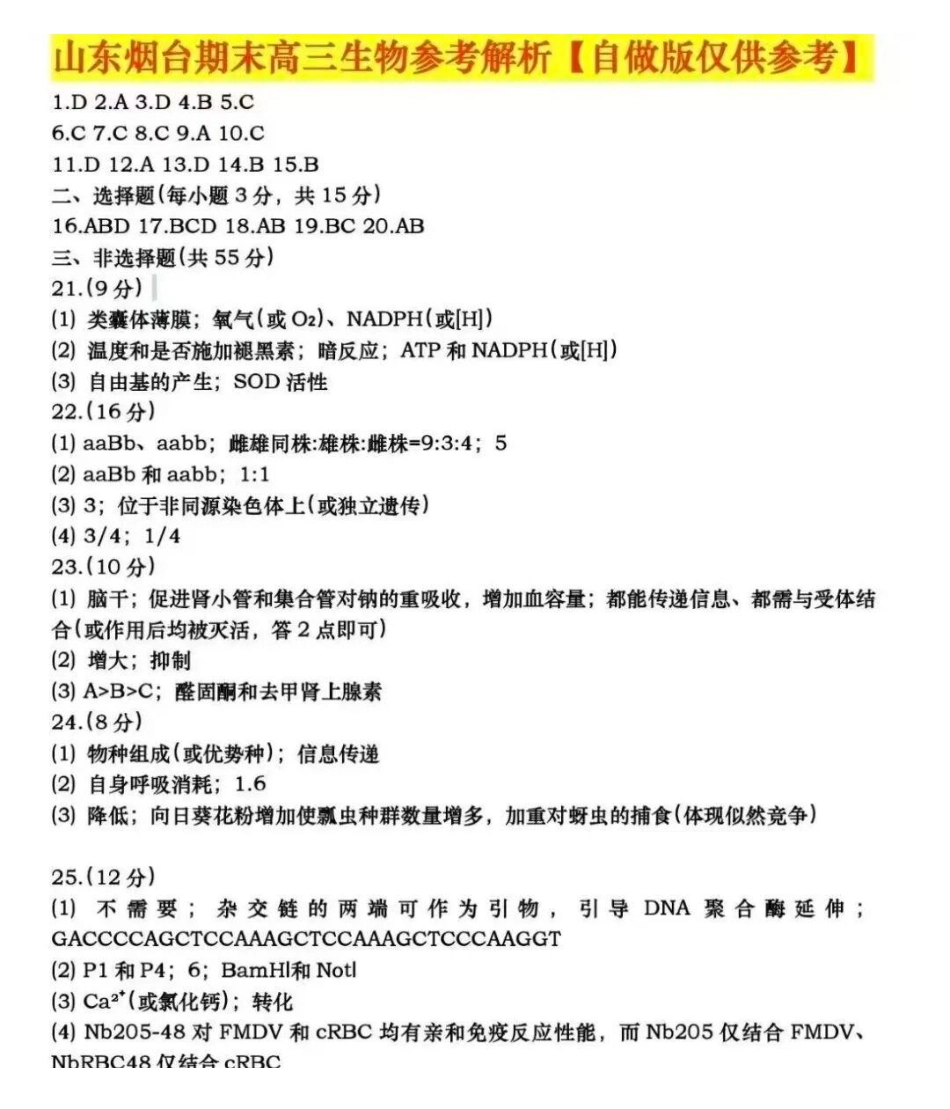 生物参考答案山东烟台市2025-2026学年度第一学期高三年级期末学业质量水平诊断(1.20-1.22).pdf_第1页