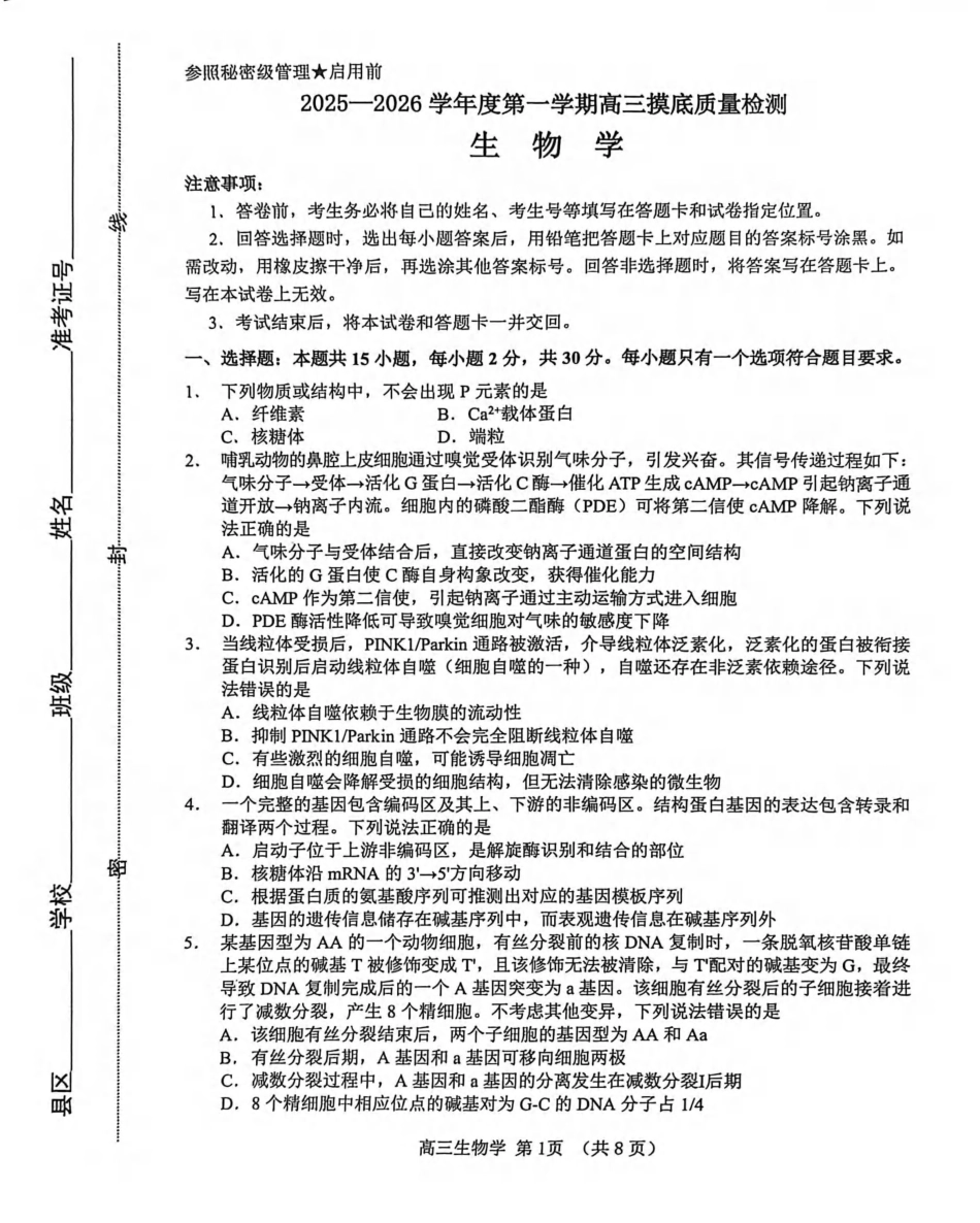 生物山东淄博市2025-2026学年度第一学期滨州高三年级期末摸底质量检测(121-1.23).pdf_第1页