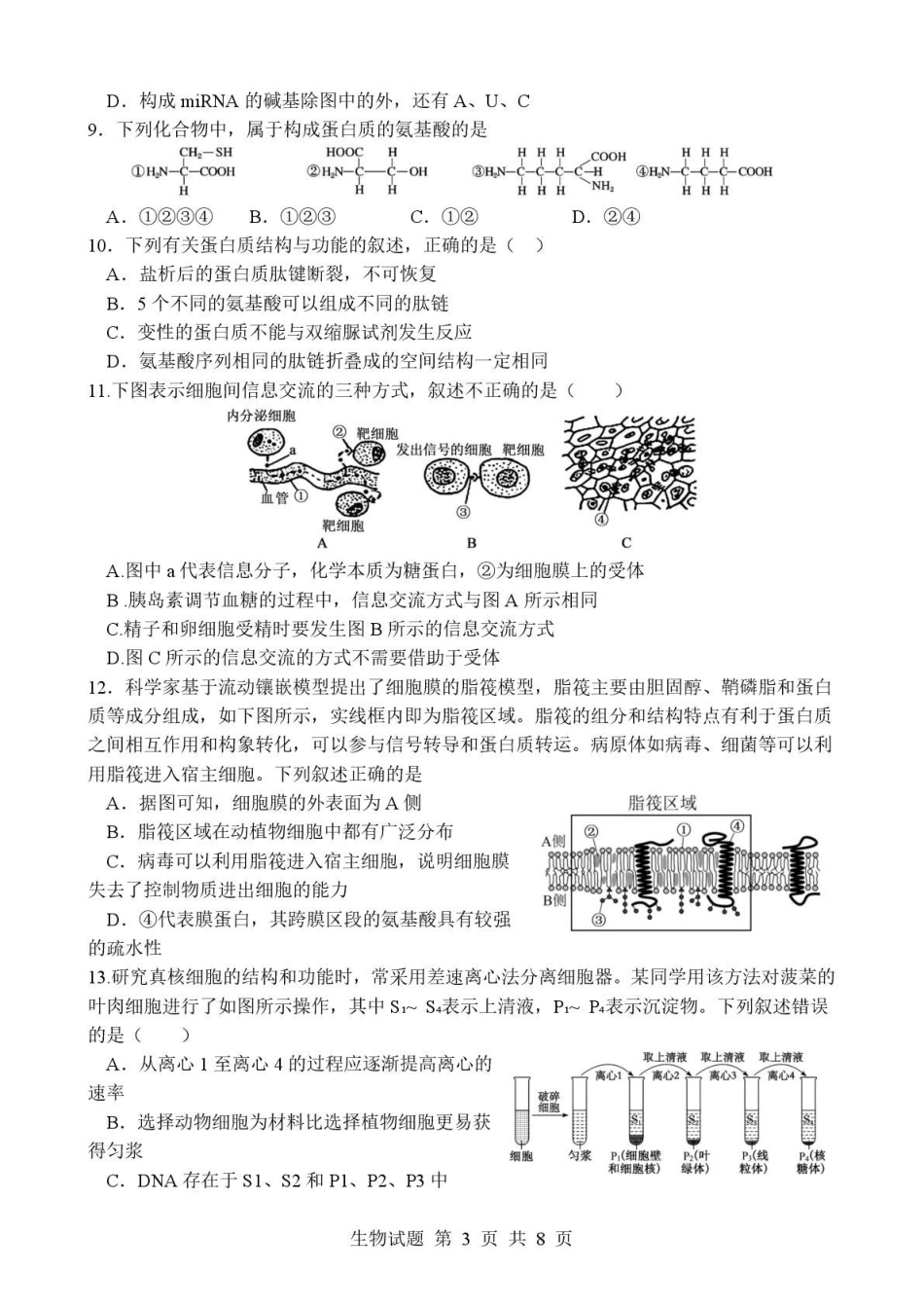 生物试卷+答案山东枣庄三中2025-2026学年高一年级上学期学情调查考试(1月月考)(1.9-1.10).pdf_第3页