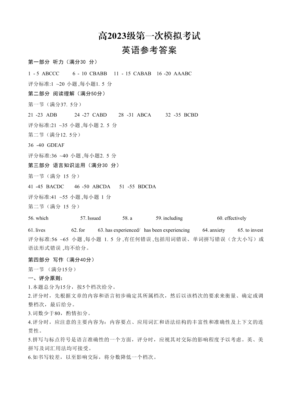 四川广安市高2023级第一次模拟考试英语答案.pdf_第1页