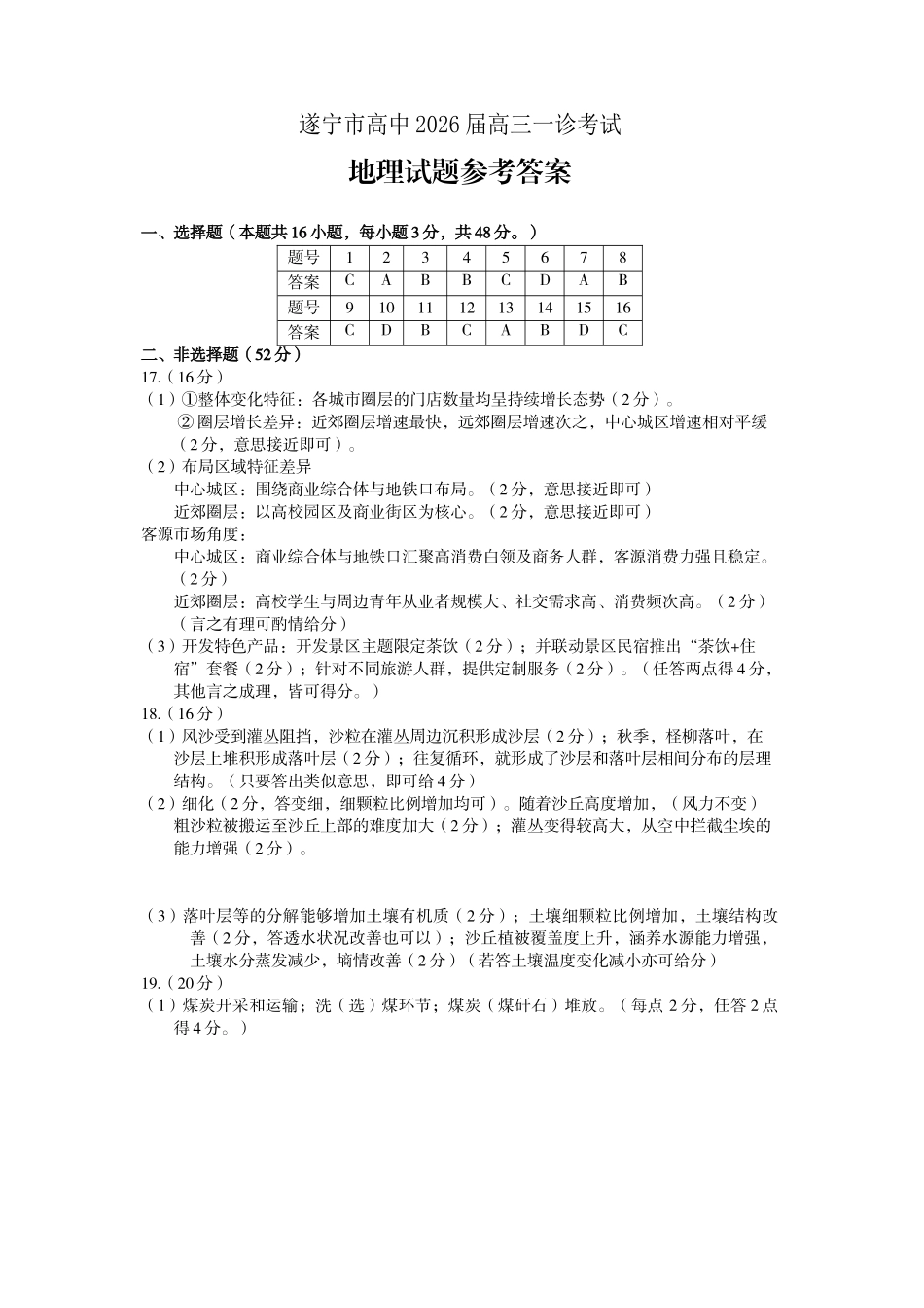 遂宁市高中2026届高三一诊考试地理答案.doc_第1页