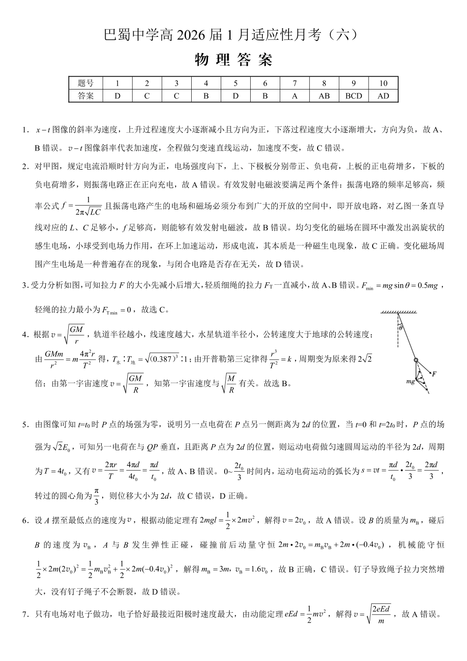 重庆市巴蜀中学2026届高考适应性月考卷(六)物理答案.pdf_第1页