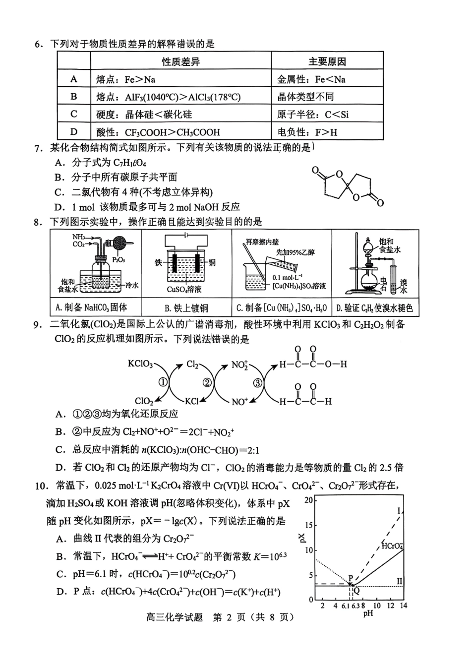 淄博市2025一2026学年度第一学期高三摸底质量检测化学+答案.pdf_第2页