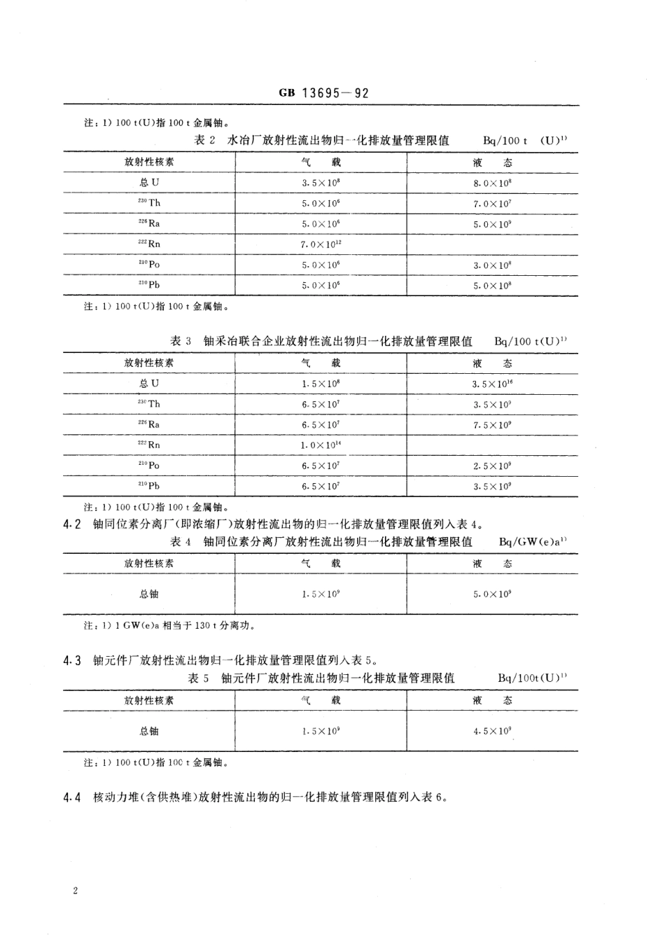 GB/T 13695-1992 核燃料循环放射性流出物归一化排放量管理限值.pdf_第3页