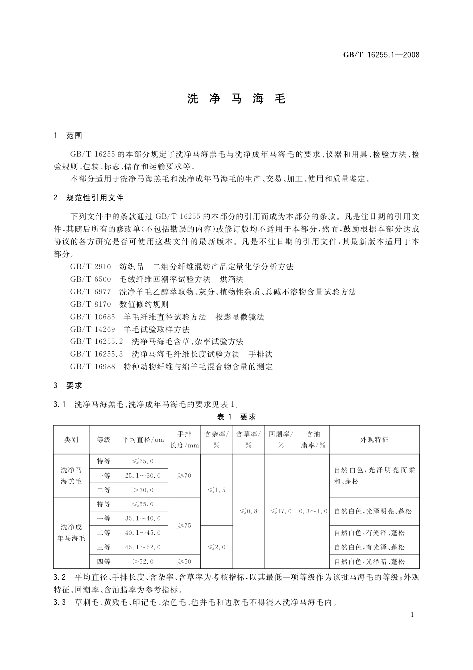 GB/T 16255.1-2008 洗净马海毛.pdf_第3页