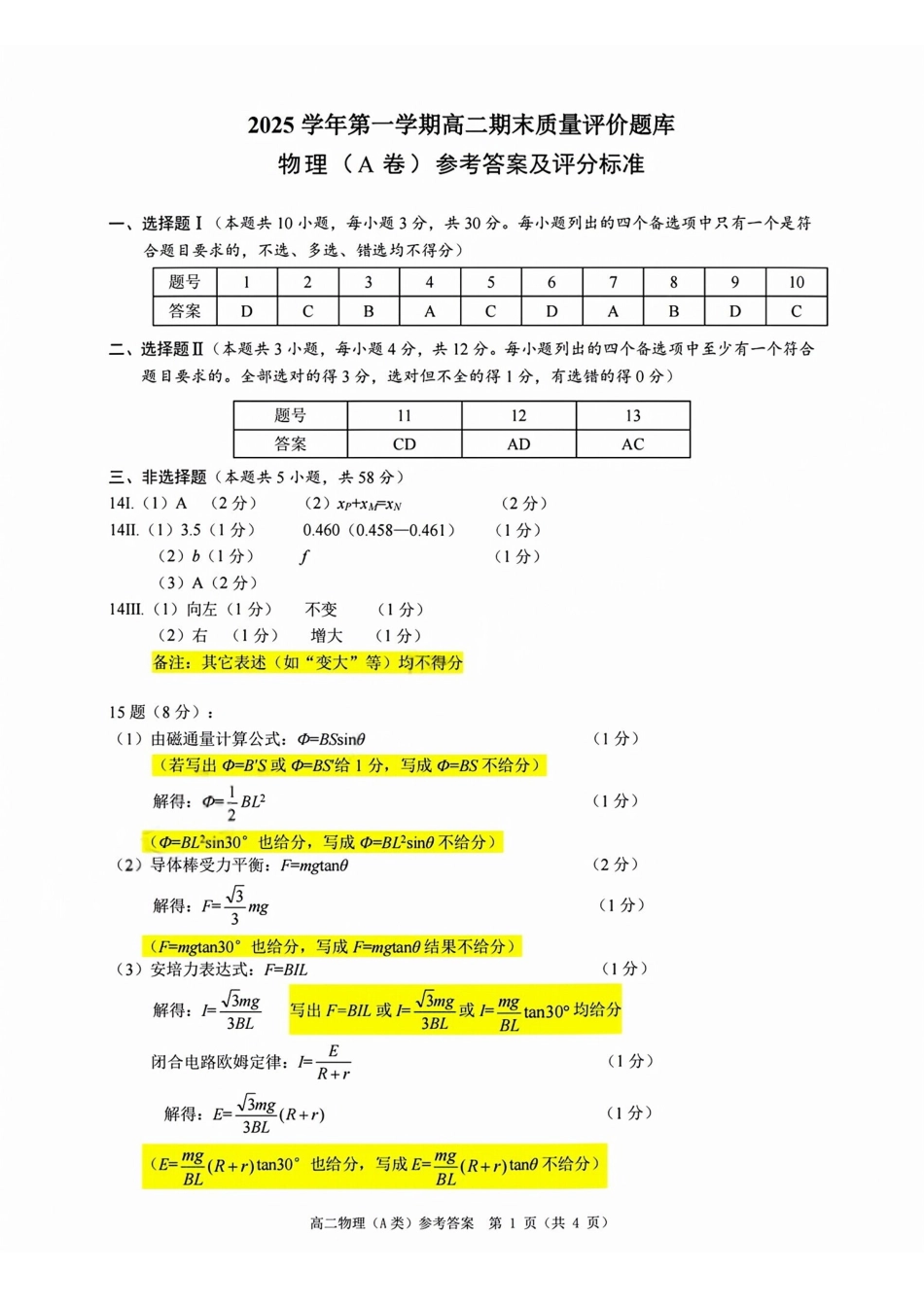 【A类】高二物理期末质量评价题库参考答案和评分细则.pdf_第1页