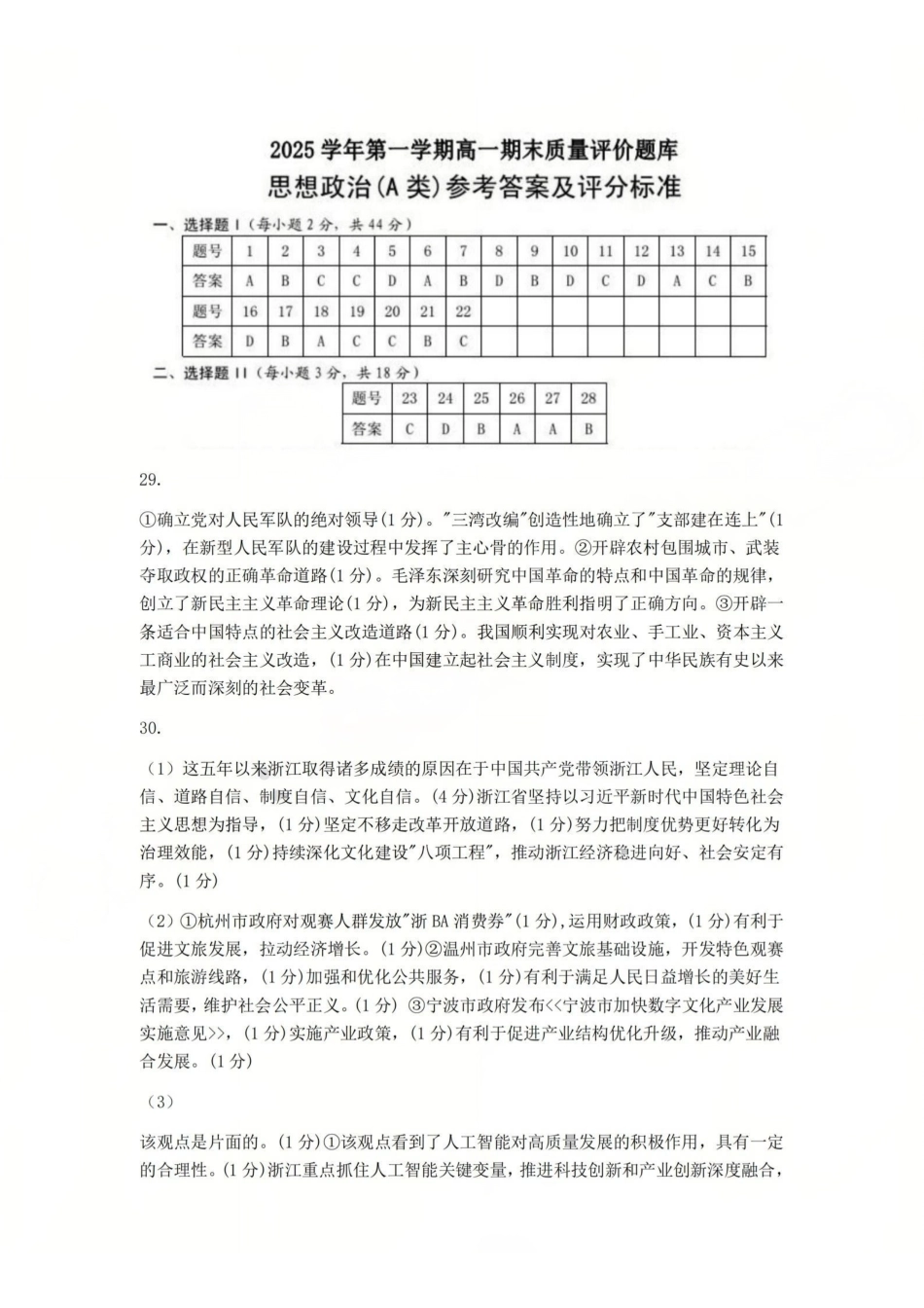 【A类】高一政治-期末质量评价题库参考答案和评分细则.pdf_第1页