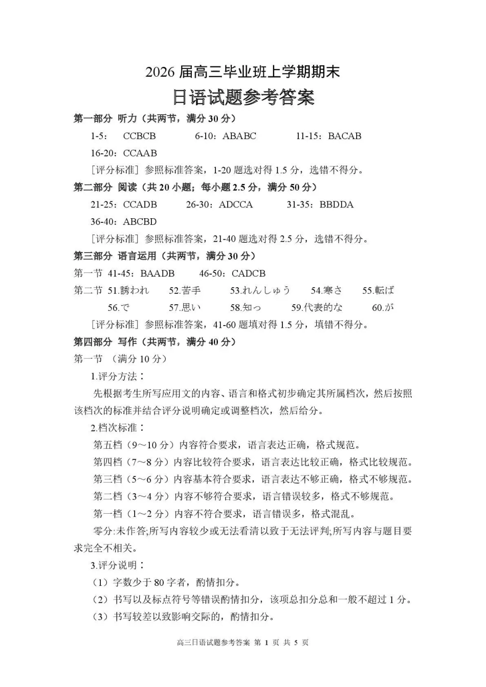 2025—2026学年（上）期末高中教学质量检测日语答案.pdf_第1页