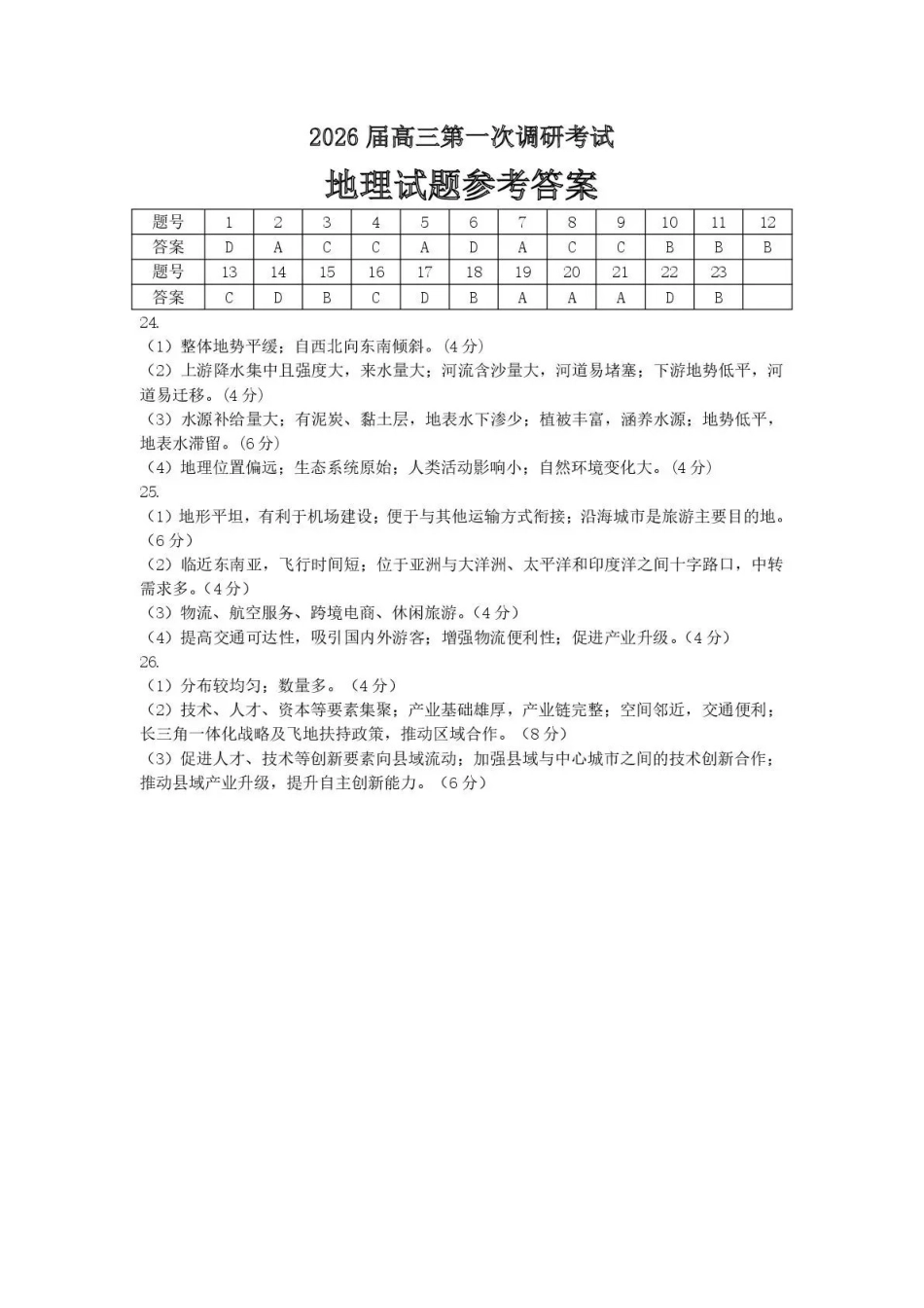 2026届高三年级第一次调研测试地理答案.pdf_第1页