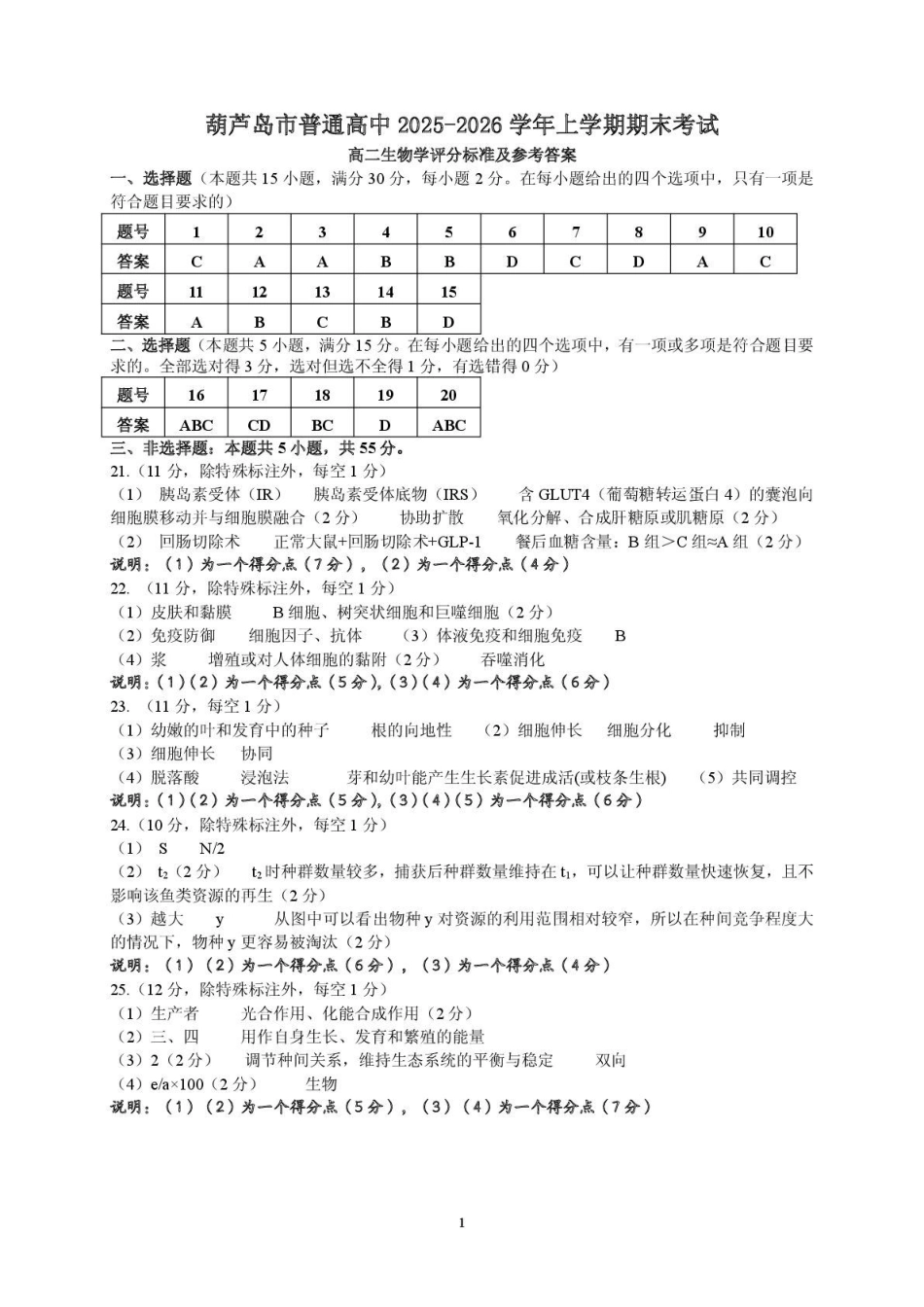 2026年1月高二生物期末试题答案.pdf_第1页