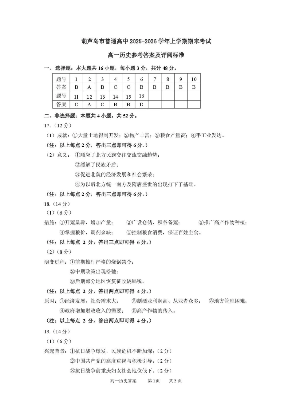 2026年1月高一历史参考答案及评阅标准.pdf_第1页