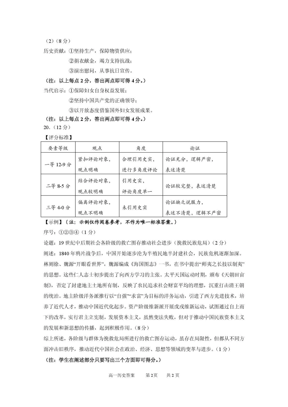 2026年1月高一历史参考答案及评阅标准.pdf_第2页