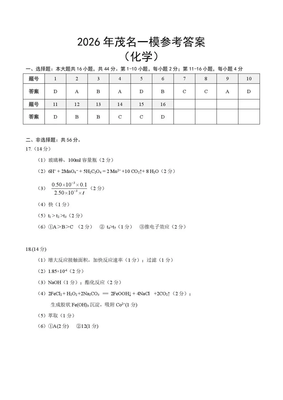 2026年茂名市高三年级第一次综合测试化学答案.pdf_第1页