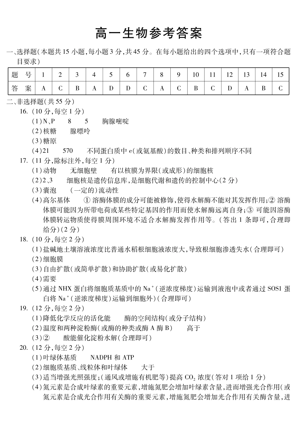安徽蚌埠市2025—2026学年度第一学期高一期末学业水平监测生物答案.pdf_第1页