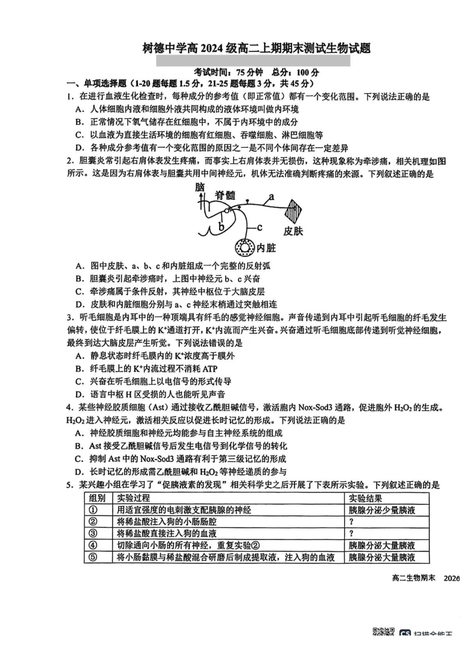 成都市树德中学高2024级高二上期期末测试生物+答案.pdf_第1页