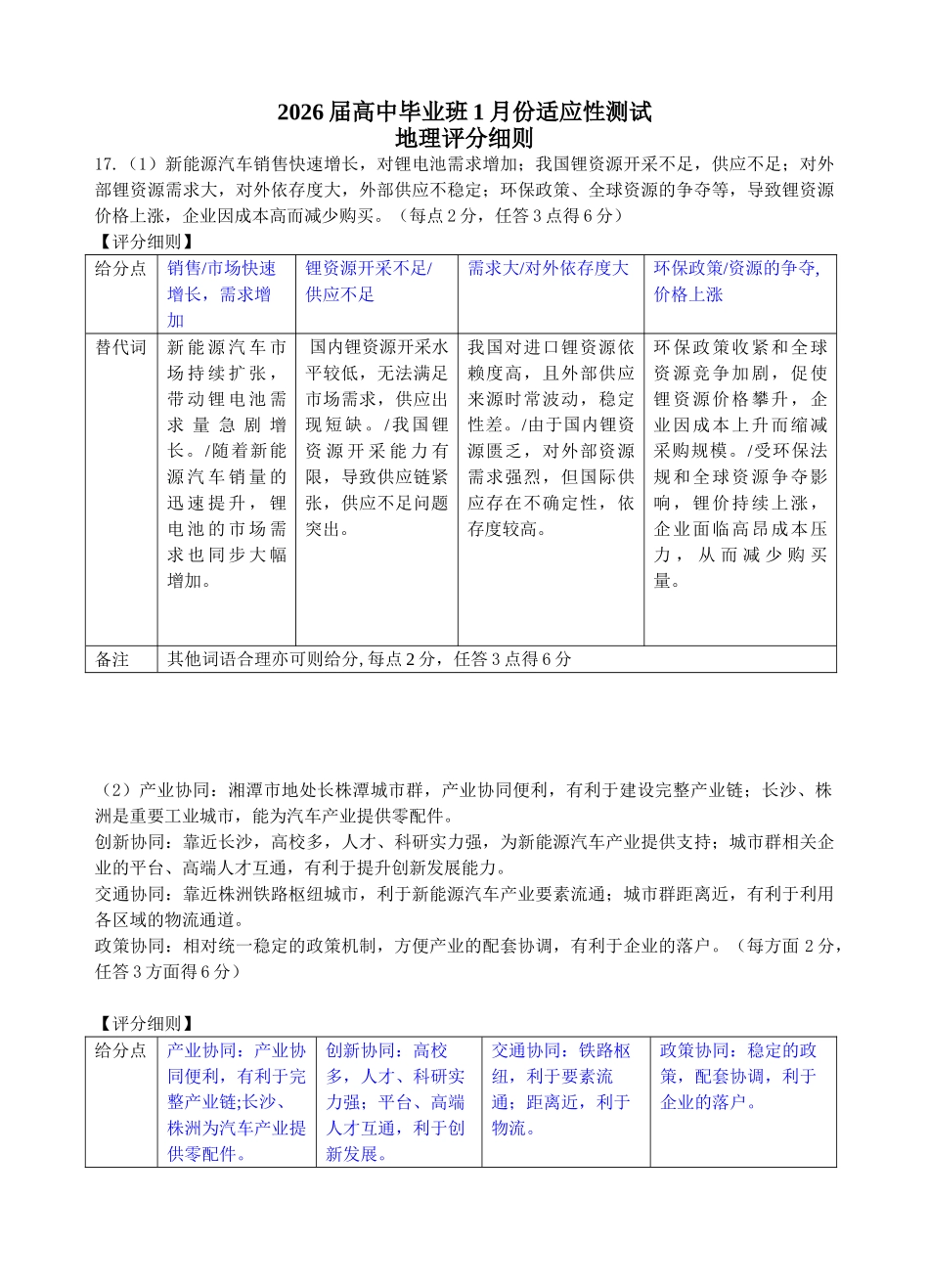地理评分细则（2026届高中毕业班1月份适应性测试）.doc_第1页