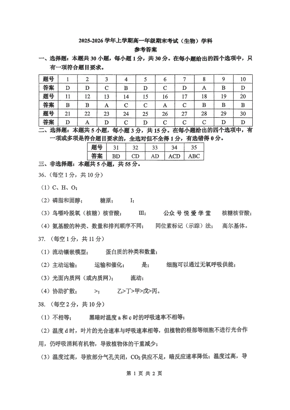 东北师大2025-2026高一上期末生物答案.pdf_第1页