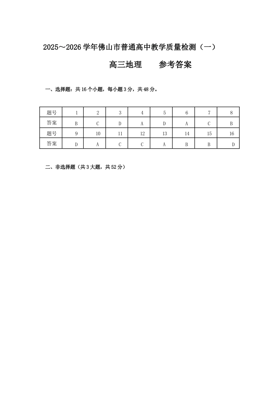 佛山市2025~2026学年佛山市普通高中教学质量检测(一)地理答案.docx_第1页