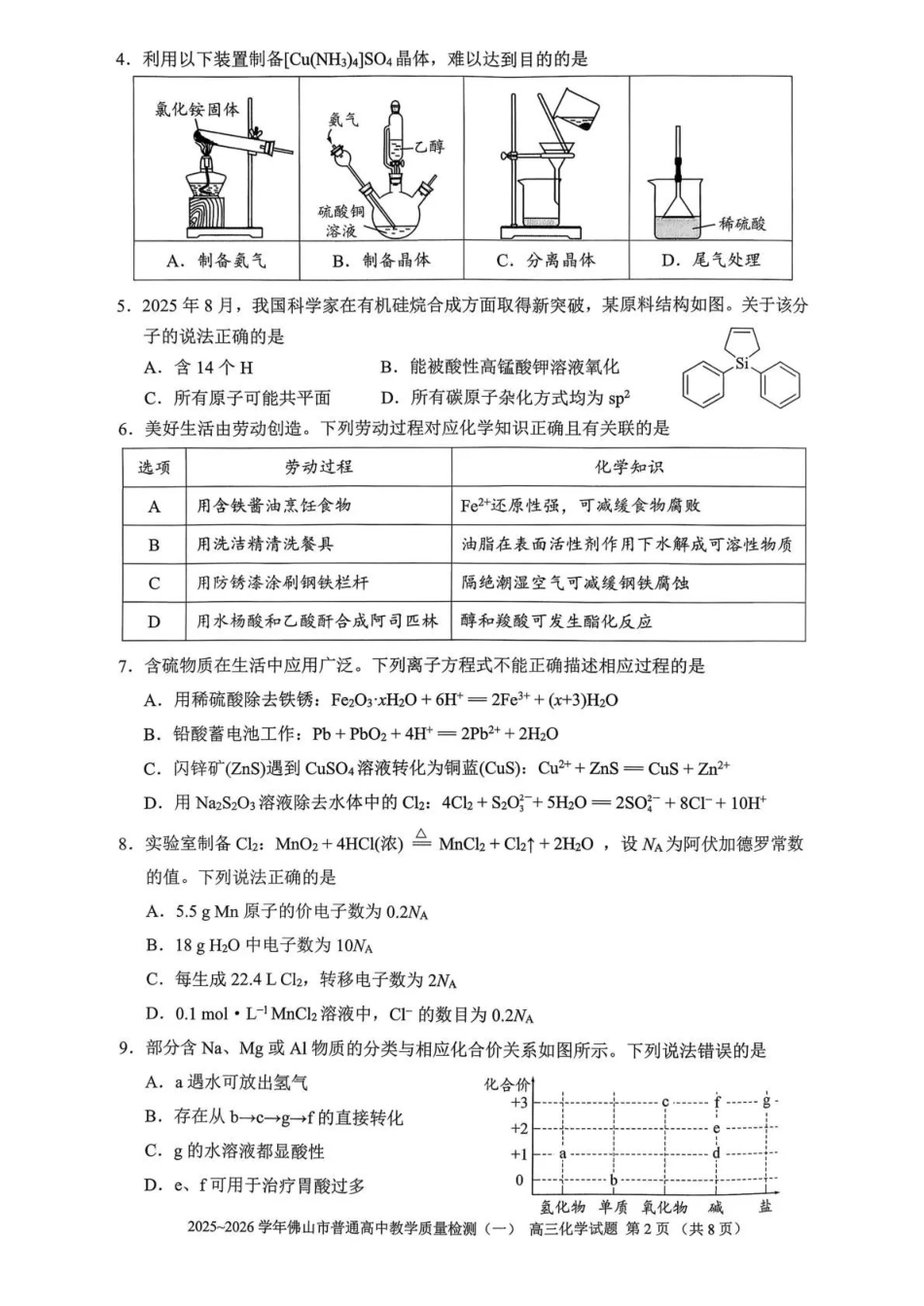 佛山市2025~2026学年佛山市普通高中教学质量检测（一）化学.pdf_第2页