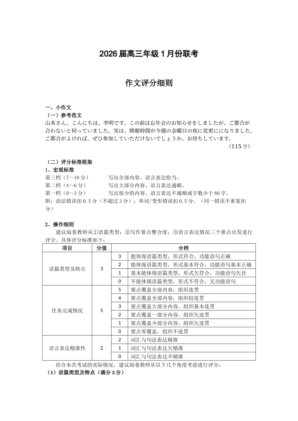 高三日语作为评分标准（2026届高三年级1月份适应性测试）.docx_第1页