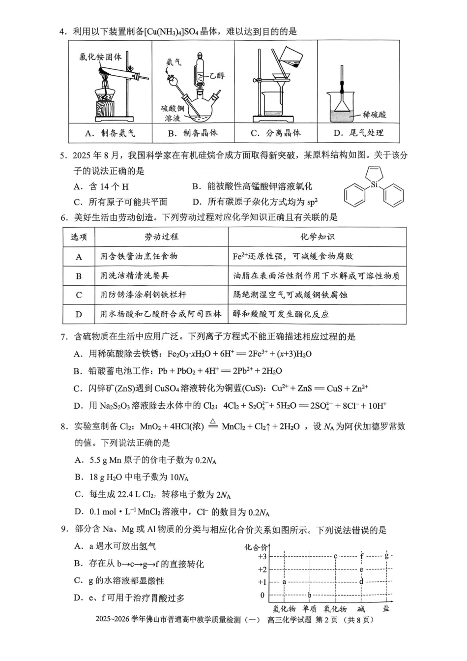 广东佛山市普通高中2026届高三上学期教学质量检测(一)化学.pdf_第2页