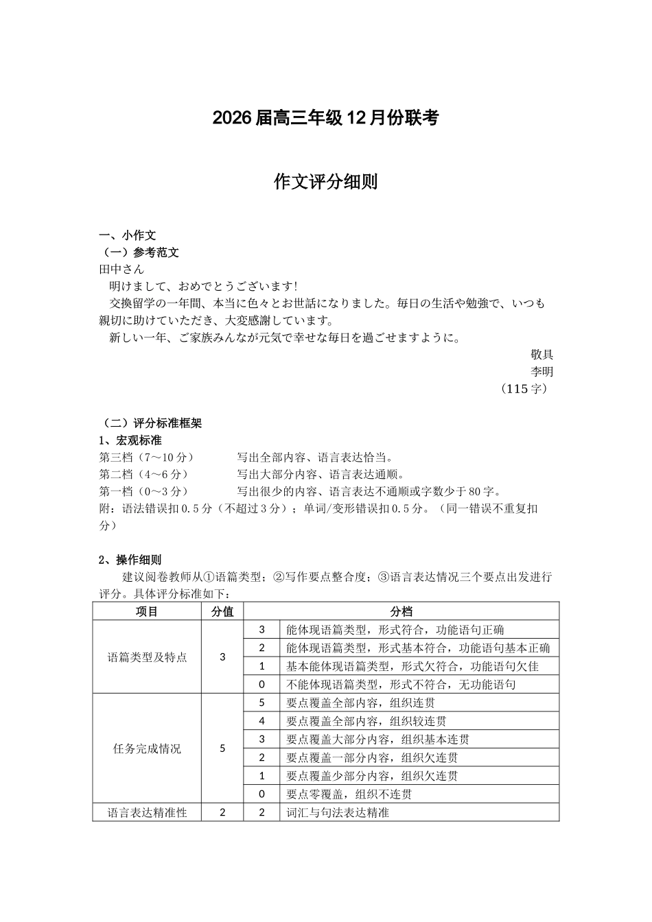 广东衡水金卷2026届高三上学期12月联考日语作文评分细则.docx_第1页