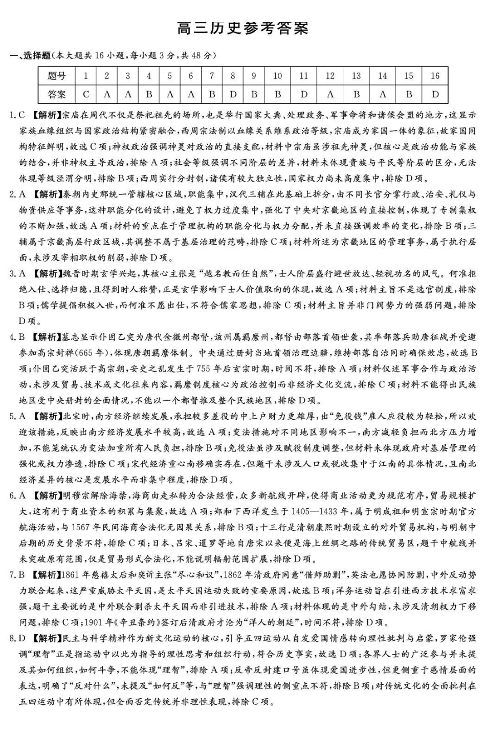 湖南师大附中2026届高三月考试卷(六)历史答案.pdf_第1页