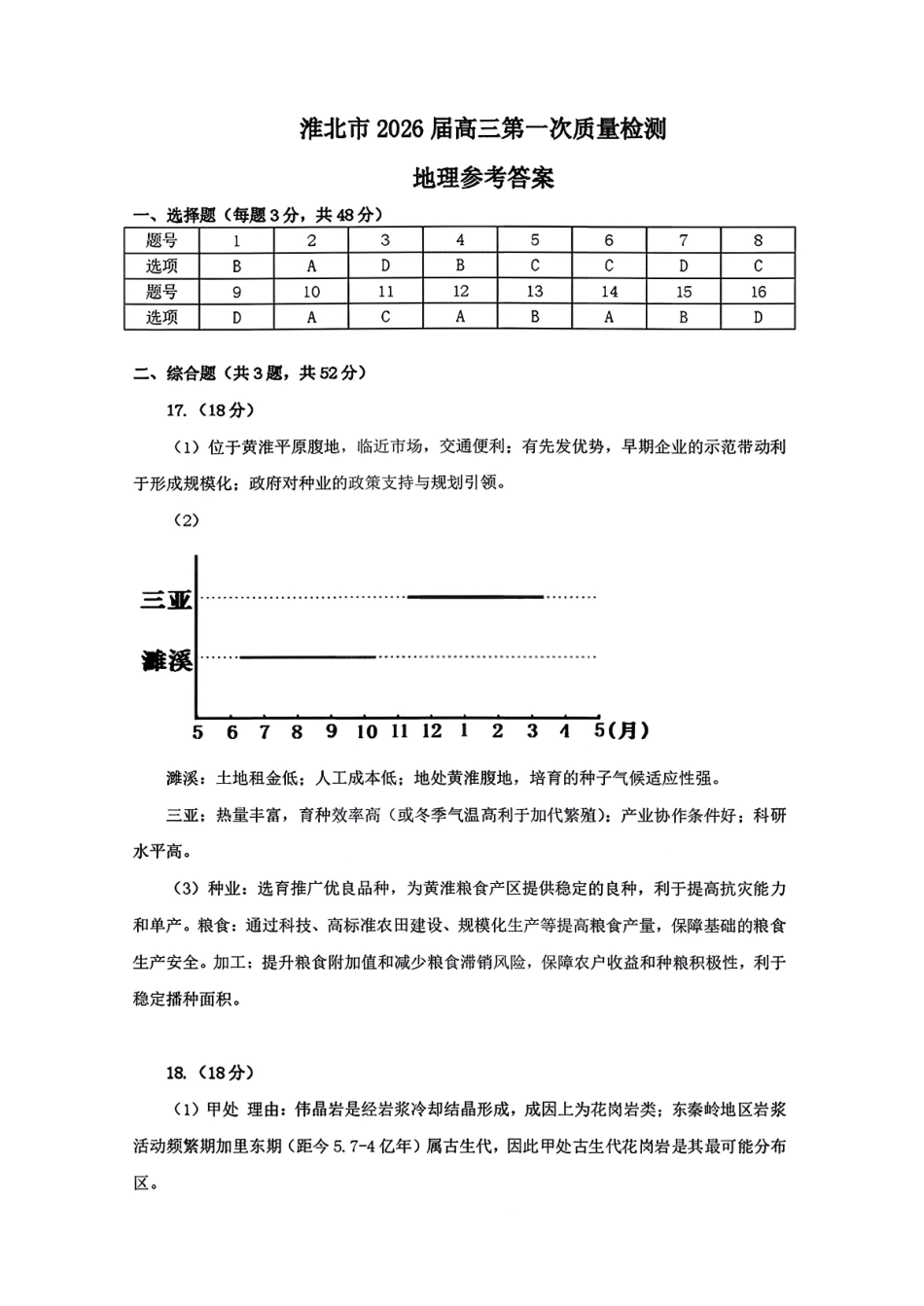 淮北市2026届高三第一次质量检测地理答案.pdf_第1页