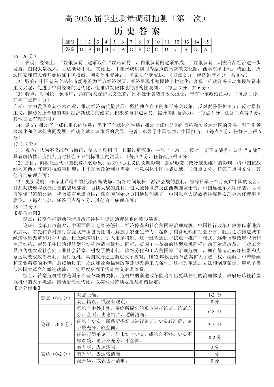 九龙坡区高2026届学业质量调研抽测（第一次）历史答案.pdf_第1页