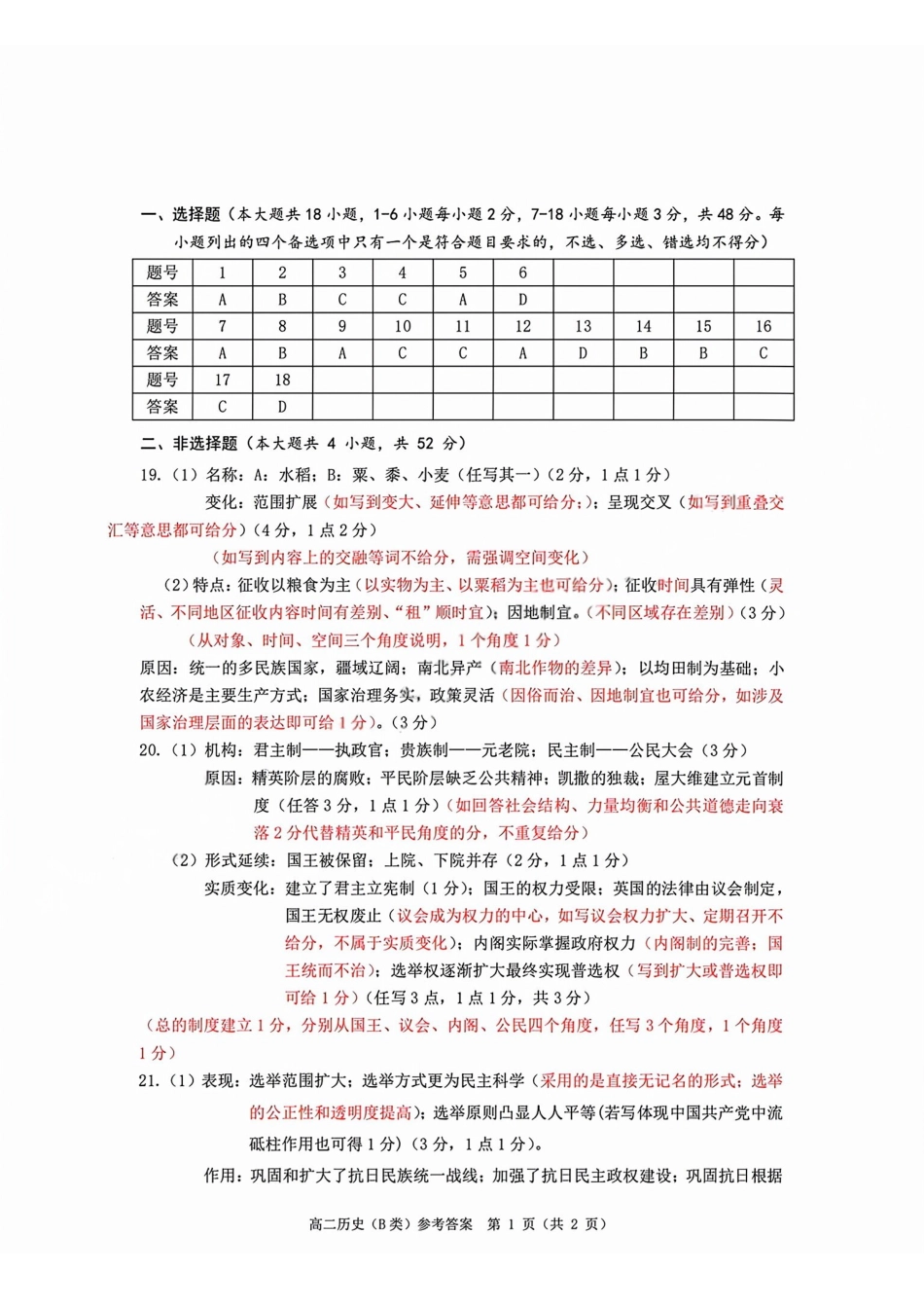 历史(B卷)参考答案与评分细则浙江温州市2025学年第一学期高二年级期末质量评价题库(B卷)(1.28-1.30).pdf_第1页